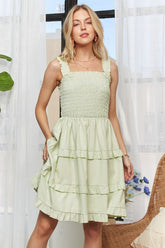 ADORA Smocked Ruffled Wide Strap Mini Dress OutfitFlow